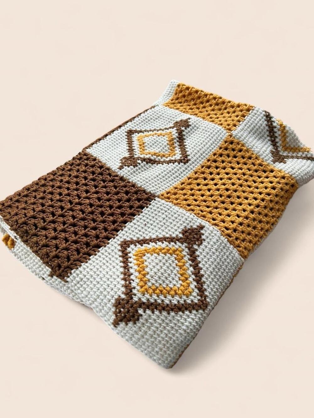 Vintage Handmade Crocheted Throw Afghan Blanket in Mustard, Brown & Cream